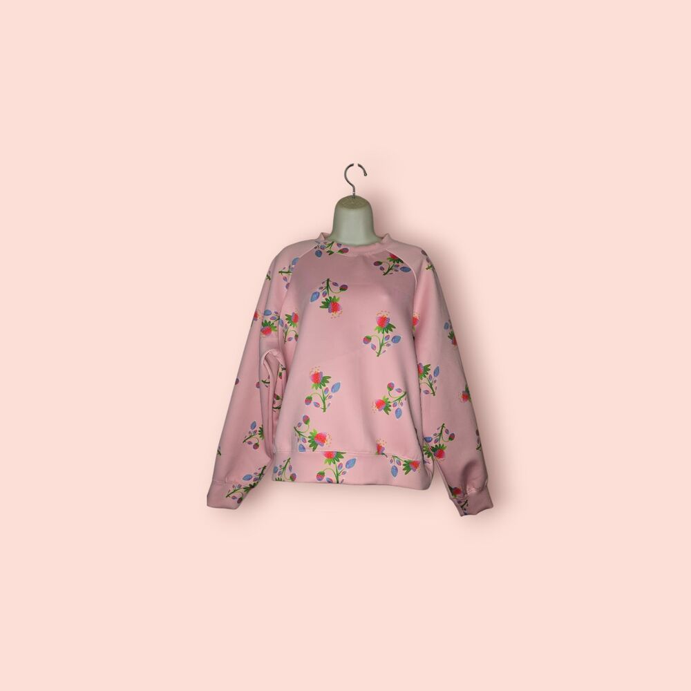 Cynthia Rowley Strawberry Print Bonded Pullover Sweatshirt Pink Cozy Chic M